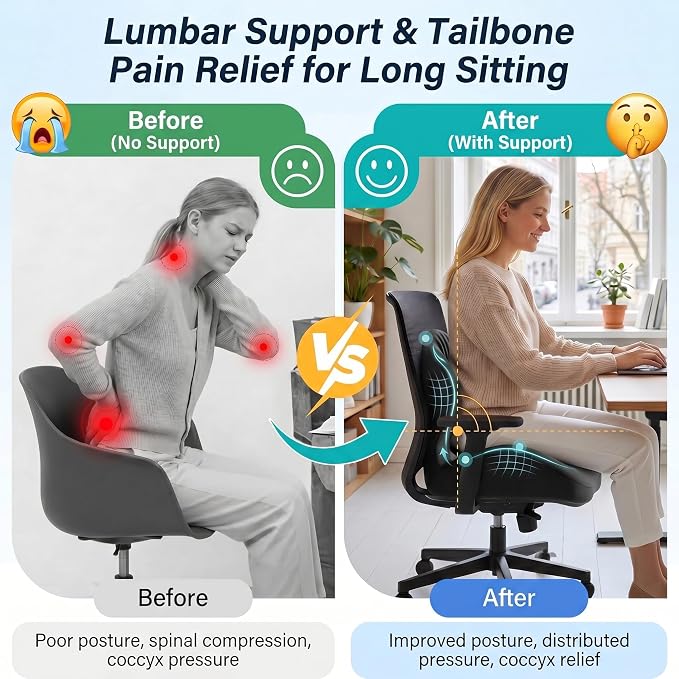 Ergonomic Seat Cushion with Lumbar Support (Black) | Office Chair Seat Cushion, Memory Foam Orthopedic Cushion with Tailbone Hollow, Sciatica & Back Pain Relief for Long Sitting - Image 2