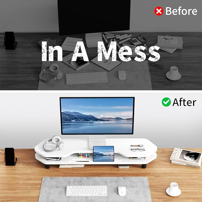 AFOOYO 2 Tier Dual Monitor Stand Riser,Wider Board Computer Monitor Stand for 2 Monitors,Slot For Phone/Tablet Office Desktop Organizer for Laptop,PC,Computer,Printer,White - Image 5