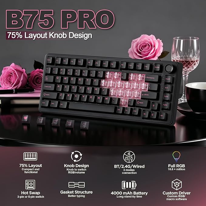 YUNZII B75 PRO 75% Wireless Mechanical Keyboard (Black Heart, MilkV2) | Hot Swap Keyboard with Knob, Gasket Mount, Creamy Pre-lubed Switch for Smooth Typing, BT/USB-C/2.4G, for Gaming - Image 2