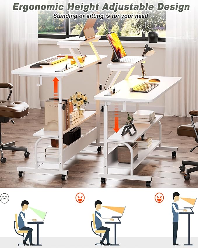 Height Adjustable Standing Desk with Power Outlets and LED Lights - 39" Manual Stand Up Desk with Monitor Stand and Storage Shelves Small Mobile Rolling Computer Desk Portable Laptop Table, White - Image 4