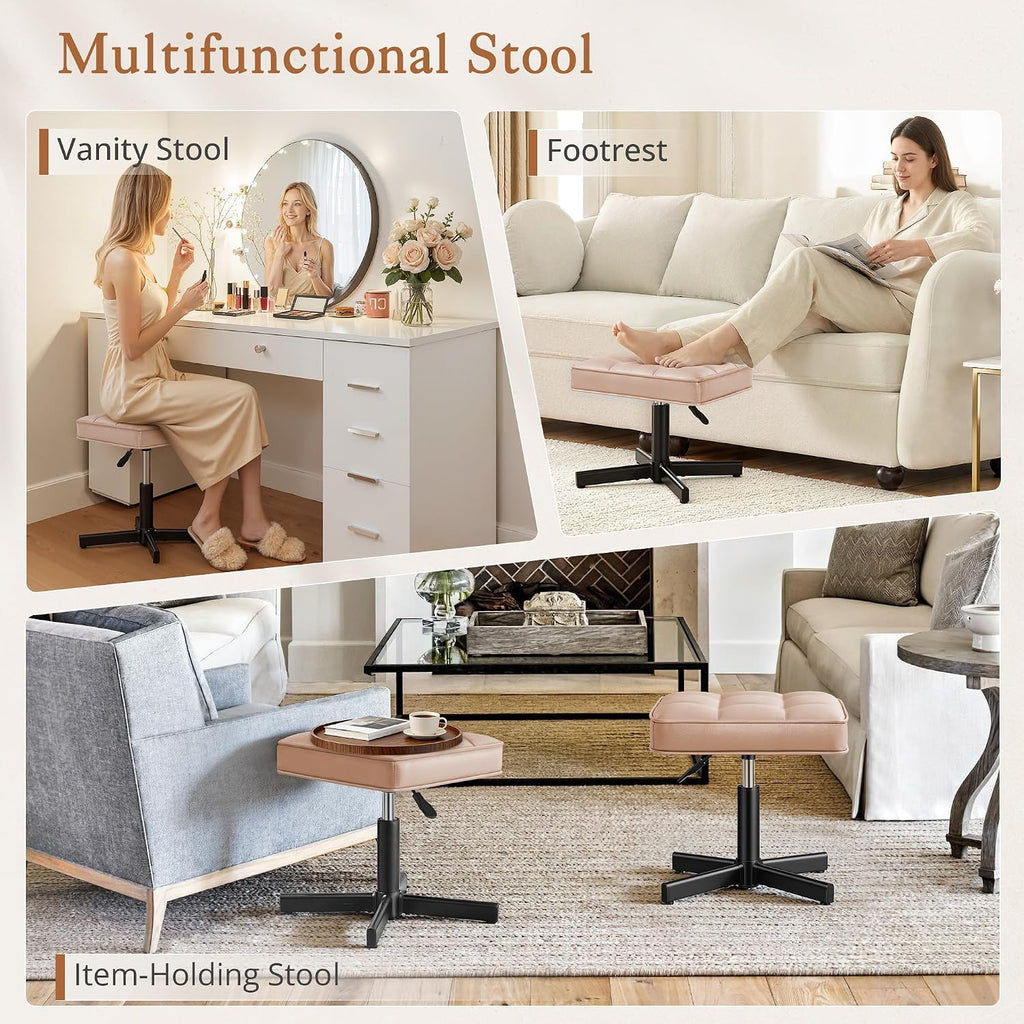 LUE BONA Adjustable Vanity Stool, 15''-19.5'' Foot Rest Under Desk, 360° Swivel Vanity Chair for Makeup Room, Rose Gold Upholstered Faux Leather Ottoman for Bathroom & Living Room, 300lbs - Image 6