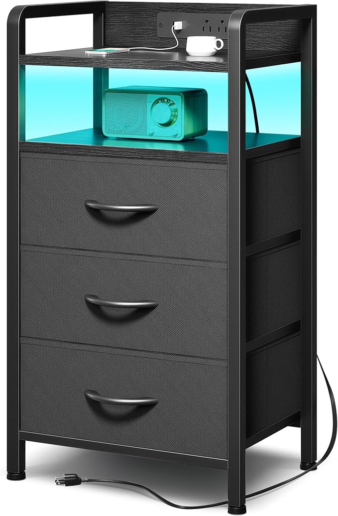 Lazzanto Nightstand with Rear Charging Station, LED Light, 3 Drawers, Black | Industrial Nightstand, 2 USB-A Ports & AC Outlets, Raised Back Guard, Fabric Storage Drawers, Bedside Table for Bedroom, Dorm by Lazzanto