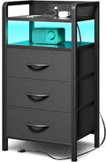 Lazzanto Nightstand with Rear Charging Station, LED Light, 3 Drawers, Black | Industrial Nightstand, 2 USB-A Ports & AC Outlets, Raised Back Guard, Fabric Storage Drawers, Bedside Table for Bedroom, Dorm by Lazzanto