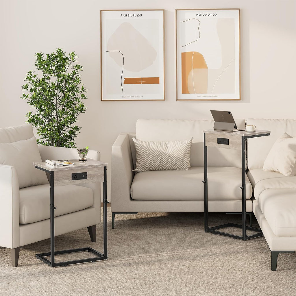 C Shaped End Tables Set of 2 with Charging Station, 33.2'' Tall C Table Adjustable Height Side Table, Small Side Table for Small Spaces, Couch Sofa Table TV Tray for Living Room, Greige - Image 2
