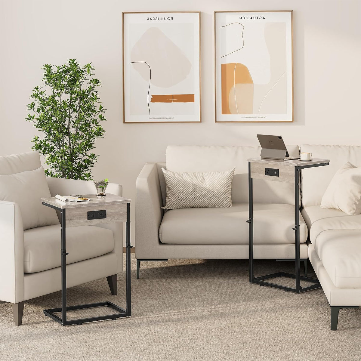 C Shaped End Tables Set of 2 with Charging Station, 33.2'' Tall C Table Adjustable Height Side Table, Small Side Table for Small Spaces, Couch Sofa Table TV Tray for Living Room, Greige - Image 2