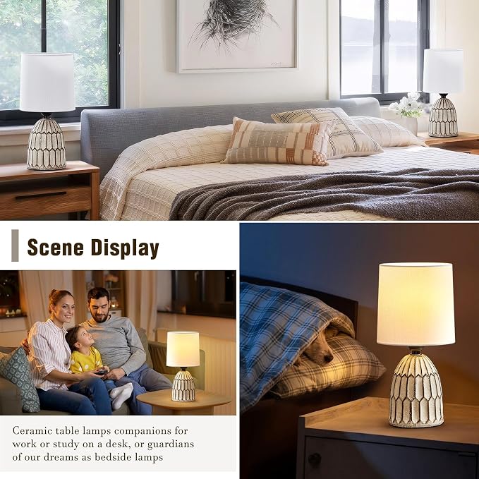 EJIAXIN Table Lamps Set of 2-13.5" Small Boho Lamp - Bedside Lamps - Farmhouse Rustic Ceramic Table Lamp for Bedroom, Living Room, Nightstand, Office, Side Desk Lamp, End Table Lamp - Image 3