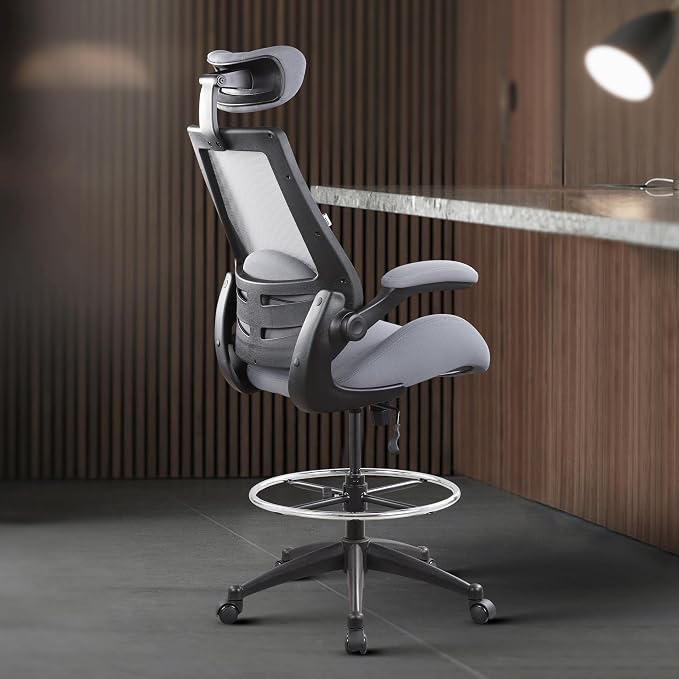 BOLISS 400lbs High Back Drafting Chair with Adjustable Headrest | High Computer Office Chair for Standing Desk, Flip up Armrests, Lumbar Cushion, Adjustable Big Footrest Ring - Image 5