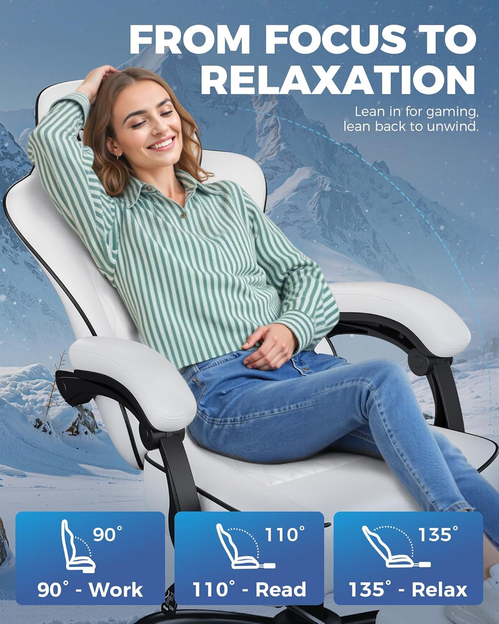 GTPLAYER Big and Tall Gaming Chair with Footrest, Ergonomic Office Desk Chair with 4.4in Thick Cushion and Wide Wingless Seat, Comfortable Leather Computer Chair, Predator Series, White - Image 8