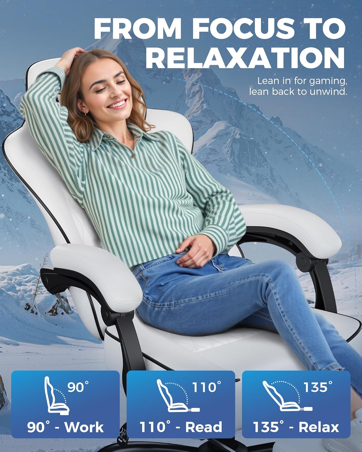GTPLAYER Big and Tall Gaming Chair with Footrest, Ergonomic Office Desk Chair with 4.4in Thick Cushion and Wide Wingless Seat, Comfortable Leather Computer Chair, Predator Series, White - Image 8