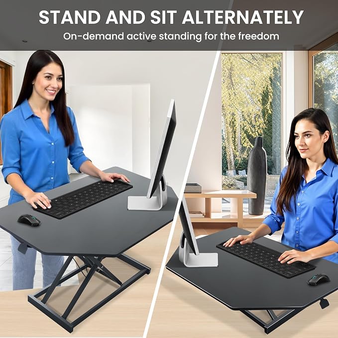 Aconcept 34 inch Black Corner Height Adjustable Standing Desk Converter, One-Click Sit to Stand up Desk Riser, Pre-Assembled Dual Monitor and Laptop Workstation - Image 4