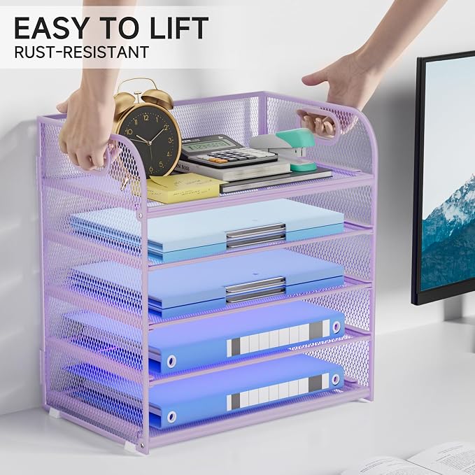 5-Tier Stackable Paper Organizer with Handle, Purple | Metal Mesh Letter Tray, Elegant Desk File Sorter for Office, Home & Classroom Organization - Image 3