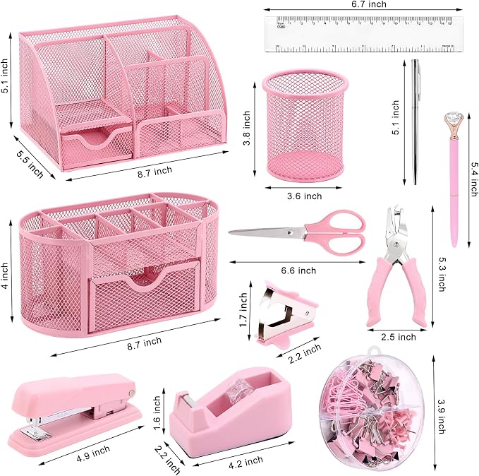 17 IN 1 Office Desk Organizer Set for Back to School Supplies Accessories | 3 Office Desk Storage Organization, 4 Pens, Stapler, Staples & Remover, Tape & Dispenser, Scissors, Ruler, Clips, Hole Punch - Image 2
