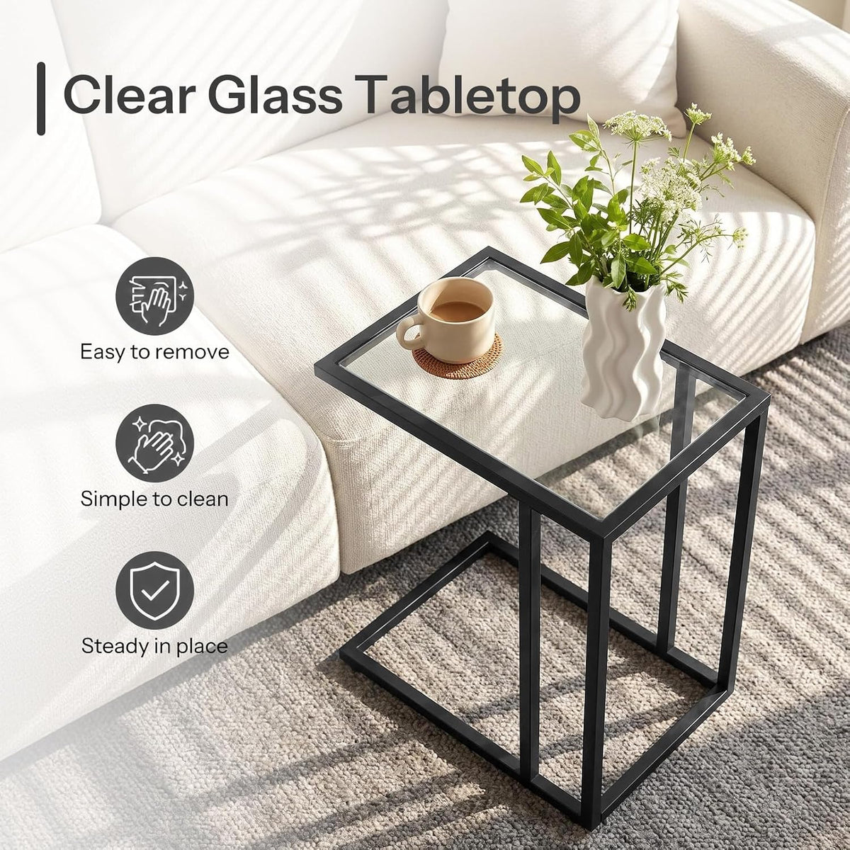 HOOBRO C Shaped End Table, Glass Side Table with Metal Frame - Image 8