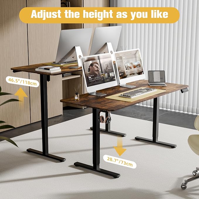 63"x28" Standing Desk, Height Adjustable Sit-Stand Home Office, Brown | Electric Adjustable Standing Desk, Sit to Stand Computer Office Desk with Splice Board, Memory Preset, Lifts 28.7''-46.5" - Image 4