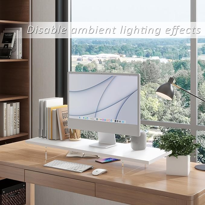 Monitor Stand Riser,Wood & Acrylic Computer Monitor Stand with LED Light,Desk Accessories Desktop Organizer Stand for Computer,Laptop,Printer,PC & TV Screen Riser… (All White) - Image 2
