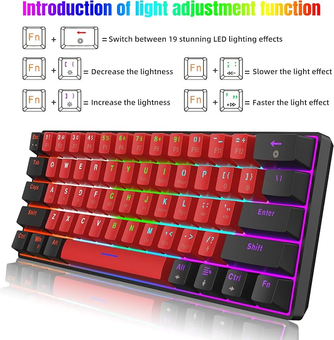 Snpurdiri 60% Wired Mechanical Keyboard (Black-Red, Red Switches) | Mini Gaming Keyboard with 61 Keys for PC, Windows XP, Win 7, Win 10 - Image 3