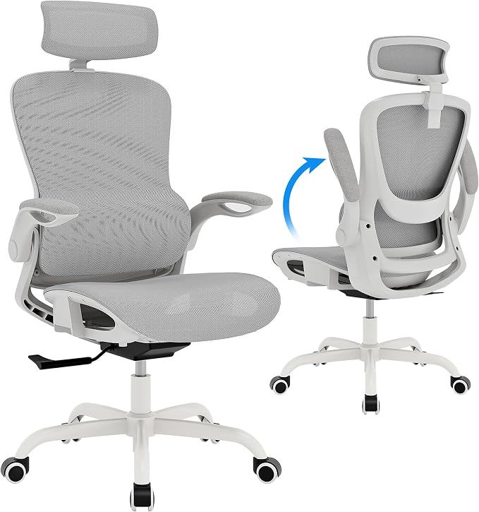 Ergonomic Mesh Office Chair- White Desk Chair, Flip-Up Armrest, Adjustable Headrest, Tilting with Soft Seat and PU Wheel, Elite Home Desk Chair for Work, Study, Gaming (GY1108) by GABRYLLY