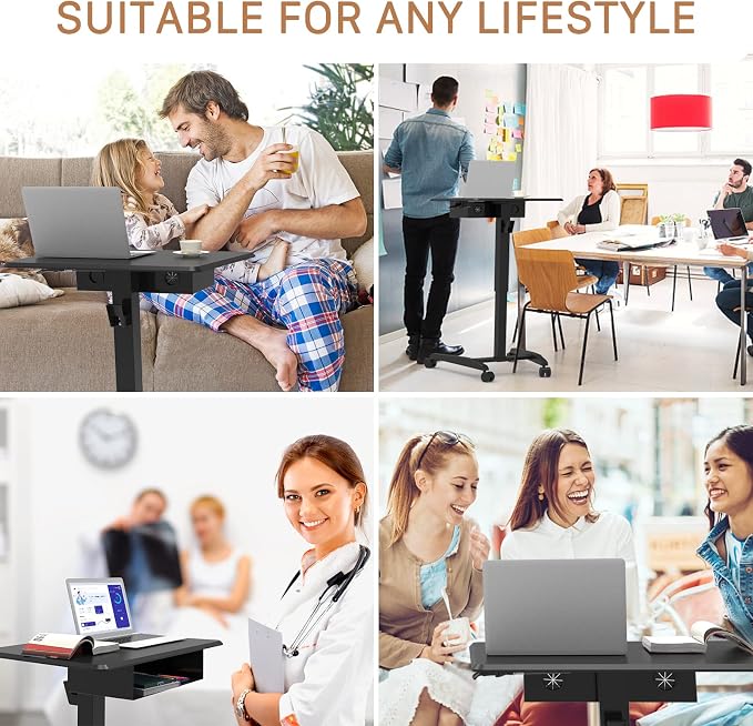 JOY worker Rolling Laptop Desk with Drawer, 28" Black Mobile Standing Desk | Pneumatic Height Adjustable, Open Storage Shelf, 4 Rolling Wheels, Portable Sit Stand Desk, Home Office School, Holds 22lbs - Image 9