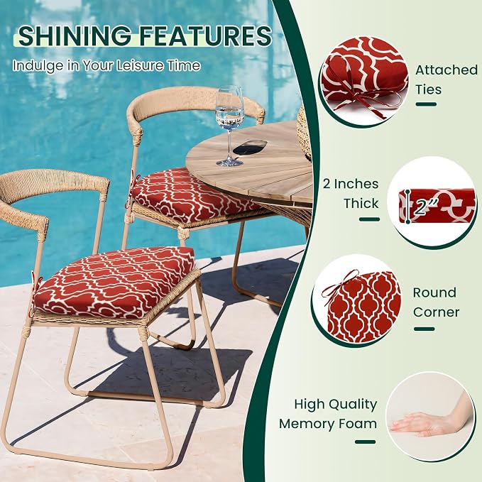 HARBOREST Outdoor Chair Cushions Set of 6, Water Resistant Patio Chair Cushions with Ties, Outdoor Seat Cushions for Patio Furniture, 17"x16"x2", Wine Red Geometry - Image 3