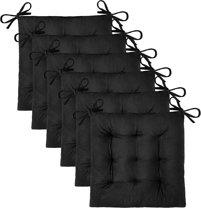 OVOV 6 Pack Chair Cushions for Dining Chairs 15.5"x15.5" Black | Soft-Touch Velvet Fabric for Farmhouse Decor, Fit for Kitchen Dining Office Chairs, Upgrade Chair Comfort, with Durable Ties by OVOV