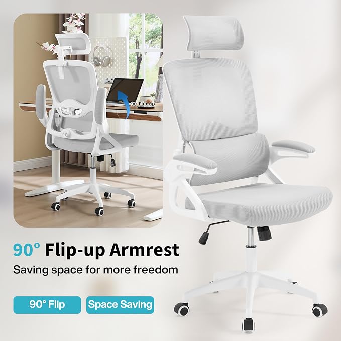 Ergonomic Office Chair,Mesh Office Chair with Lumbar Support,High Back Desk Chair with Flip-up Arms,400 lbs Big and Tall Computer Chair with Headrest,Comfy Desk Chairs (Light Grey) - Image 5