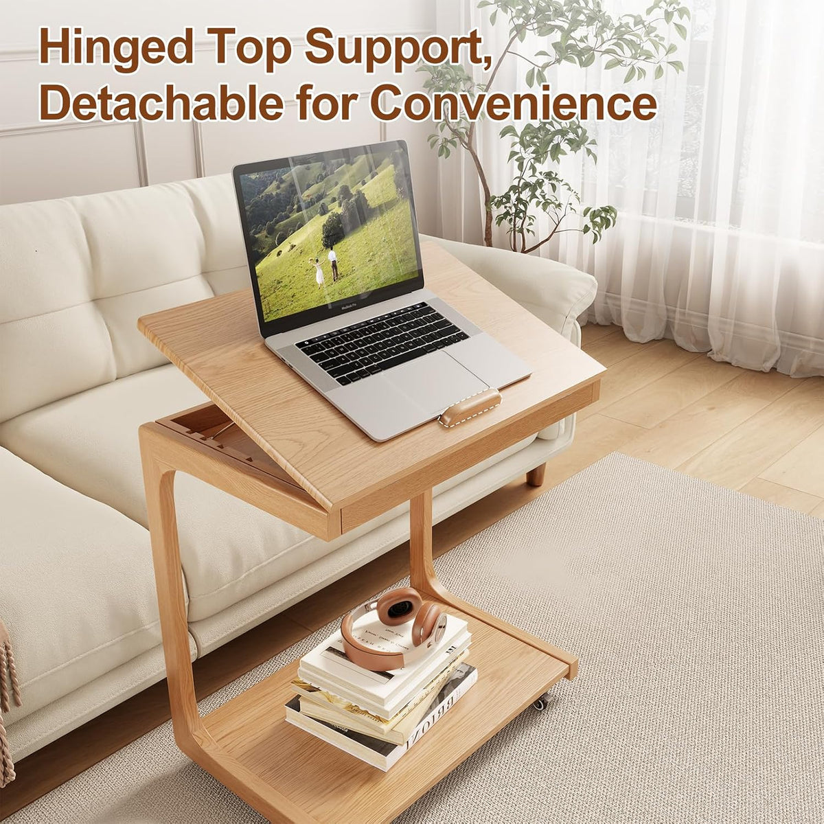 AQIMUELE Wooden C-Shaped End Table,Couch Table with Adjustable Desktop,Small Rolling Side Table with 2 Lockable Wheels 23.6" Width,Small End Table for Couch, Living Room,Bedroom (Natural) - Image 3
