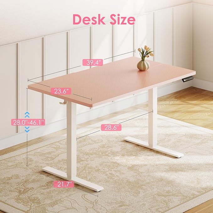 40" Pink Electric Standing Desk Height Adjustable for Home Office | 3 Memory Presets, Rear Cable Notch, Dual Side Hooks, Stand Up Desk for Bedroom, Study room, Home Office and Vanity Space - Image 3