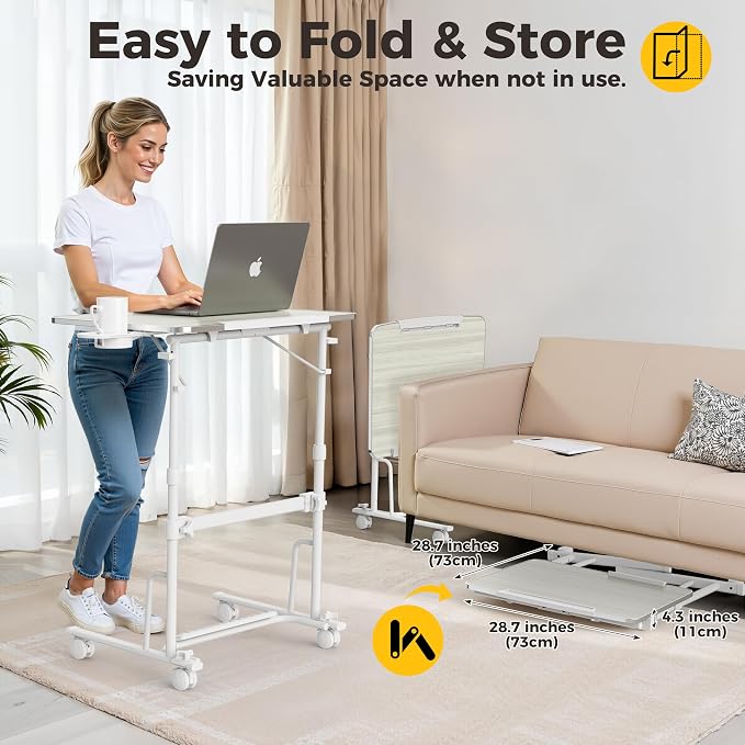 Foldable Standing & Rolling Desk, Upgraded Portable Desk on Wheels | Adjustable Height & Angle, Sturdy Mobile Table Workstation for Laptop with Footrest, Cup Holder, Edge Stopper & iPad Holder - Image 4