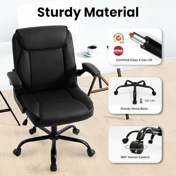 NEO CHAIR PU Leather Office Desk Chair with Adjustable Arms, All Black | Ergonomic Mid Back Computer Desk Chair Comfy with Wheels Swivel Rolling for Home Office Gaming Study - Image 8