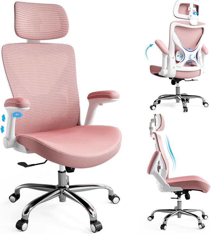 Ergonomic Office Chair:Home Office Desk Chairs with Headrest Lumbar Support | Ergalithic Ergonomic Desk Chair X-Shaped Mesh PU Leather Executive Computer Chair High Back Flip-Up Arms for Long Hour(DPink) by Ergalithic