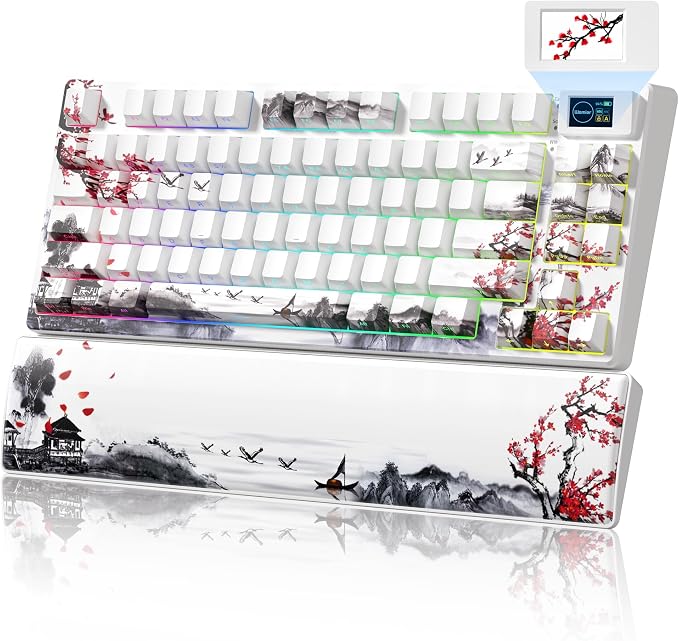 Womier 75% Wireless Mechanical Keyboard with Color Multimedia Screen | Gaming Creamy Keyboard, Theme 3-Modes Hot Swappable Key board w/Wrist Rest,SK80 PRO Gasket RGB Custom for Mac/Win,Red Plum by Womier