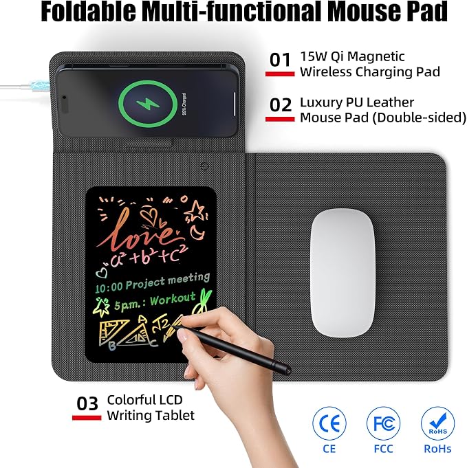 Foldable Wireless Charging Mouse Pad with Writing Tablet,15W Qi Magnetic Fast Charging Travel Mouse Pad,Multi-Functional PU Leather Mat Charging Pad for iPhone Samsung iWatch,Office Home Accessories - Image 2