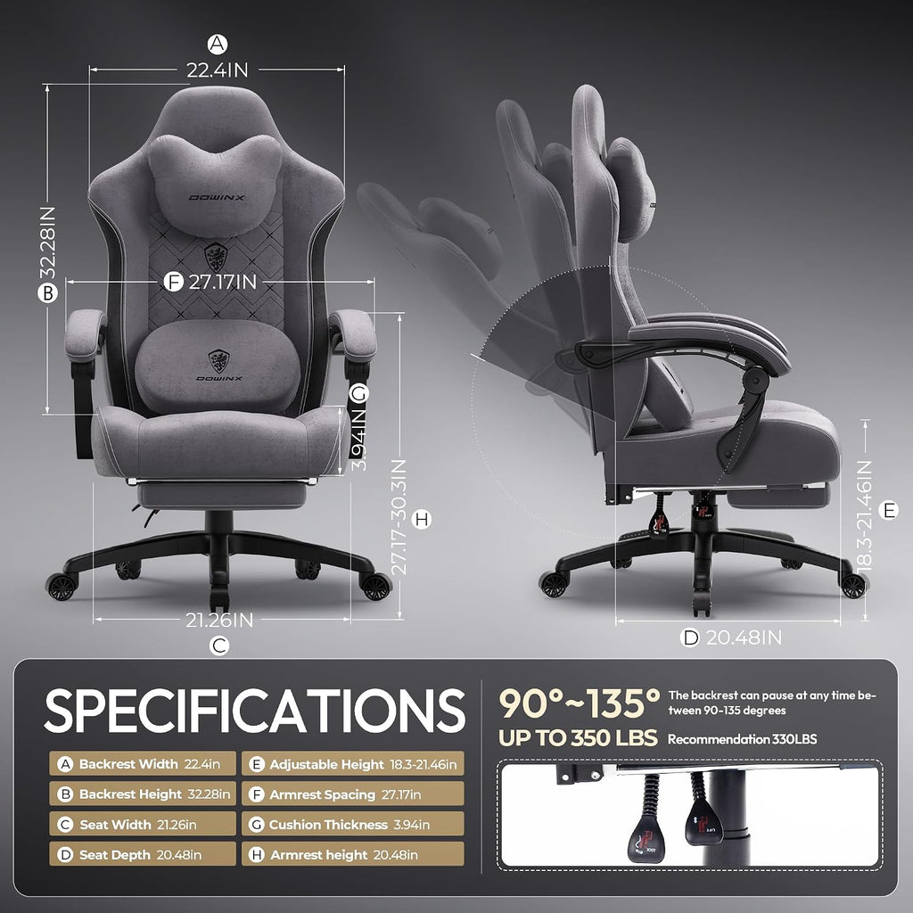 Dowinx Gaming Chair with Heated Massage Lumbar Support,Big and Tall Fabric Gaming Chairs for Adults with Footrest, Ergonomic Computer Game Chair with Poket Spring Cushions, 350lbs, Gray - Image 2