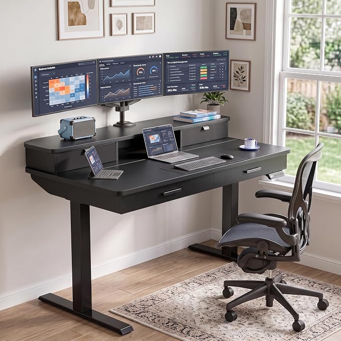 HUANUO 48 x 30 inch Electric Standing Desk with 2 Wood Drawers, Adjustable Height Sit Stand Desk for Home Office, Ergonomic Stand up Desk with 4 Memory Presets, 176 lbs Capacity, Black Top - Image 2