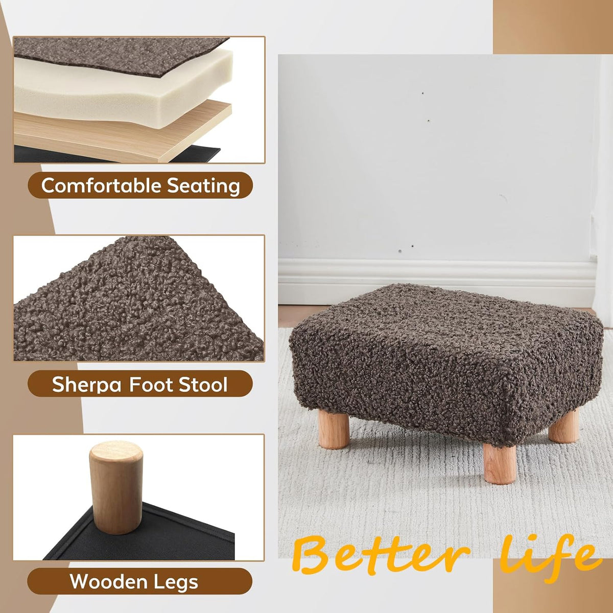 Small Foot Stool Ottoman, Sherpa Footstool Ottoman Foot Rest for Couch, Rectangle Footstools and Ottomans Small for Living Room, Entryway and Bedroom (Brown) - Image 4
