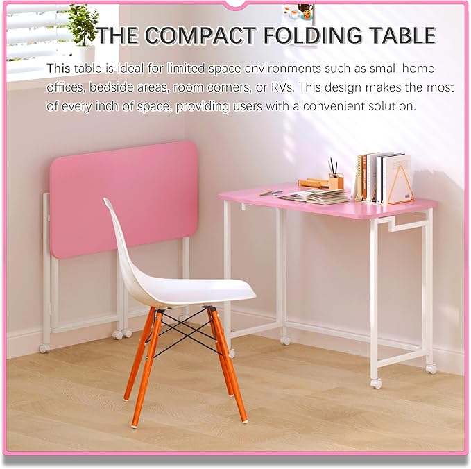 4NM 27.5" Mobile Small Rolling Computer Desk, Folding Laptop Cart Table with Wheels, Portable Office Desk for Small Space Couch Bed - Pink and White - Image 3