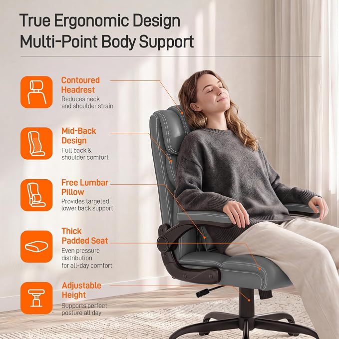 Office Chair, Executive Mid-Back Computer Desk Chair with Flip-up Armrests | 300 Lbs Ergonomic Leather Swivel PC Chair with Rock Function for Working Studying (Gray) - Image 5