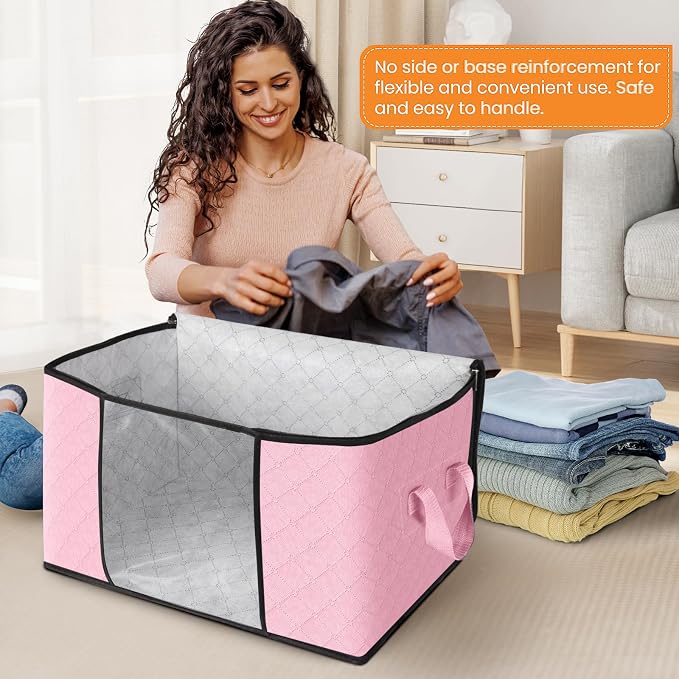 Fab totes 4 Pack Storage Bags for Clothes Blanket Storage Bins with Lids | Foldable Closet Organizers with Zippers,Window and Handles,Fabric Storage Bins for Sweater,Comforter,Bedding,Dorm essentials - Image 3