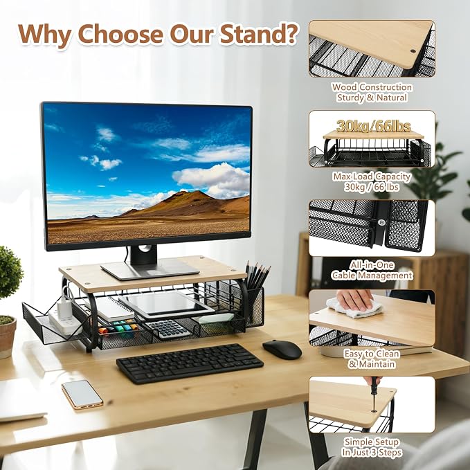 Desk Organizers and Accessories Monitor Riser, Monitor Stand with Drawer (2-Tier Drawers) with Large Side Storage Rack & Cable Management,66LBS/30KG, Office Organization, Oak - Image 6