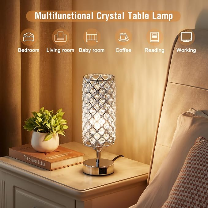 Crystal Table Lamp, 3 Way Dimmable Touch Lamps for Night Stands, Sliver | Crystal Table Lamp with Touch Control, Bedroom Light for Nightstand,Sliver - Image 5