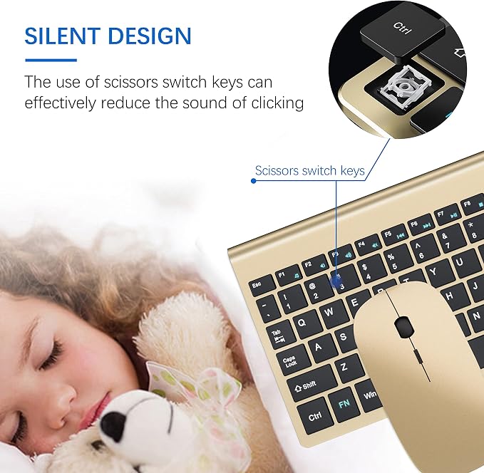 Wireless Keyboard and Mouse Ultra Slim Combo, TopMate - Gold Black | 2.4G Silent Compact 2400DPI Mouse and Scissor Switch Keyboard Set with Cover, Batteries Included, for PC/Laptop/Windows/Mac - Image 2