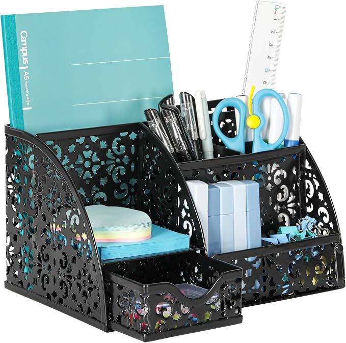 EasyPAG Desk Organizer and Pen Holder for Desk, Mesh Office Supplies Storage Caddy with Drawer for Small Space, Desktop Organizer for Home Office, Black by EasyPAG