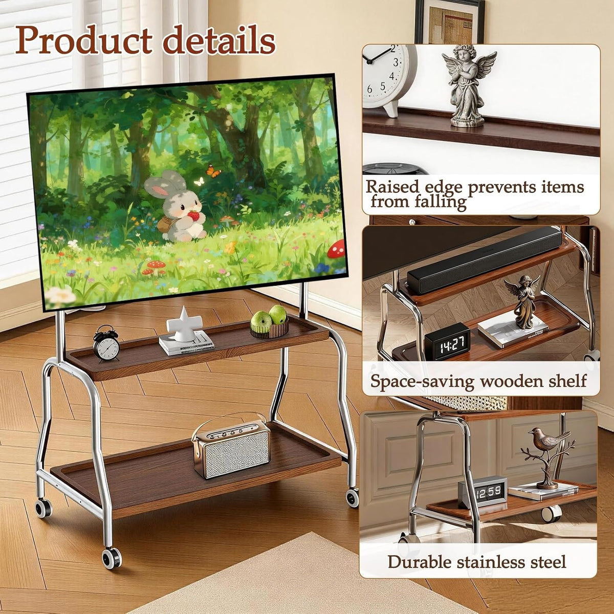 Rolling TV Stand for 32-75 Inch TVs with Double Storage Shelves & Pegboard - Image 8