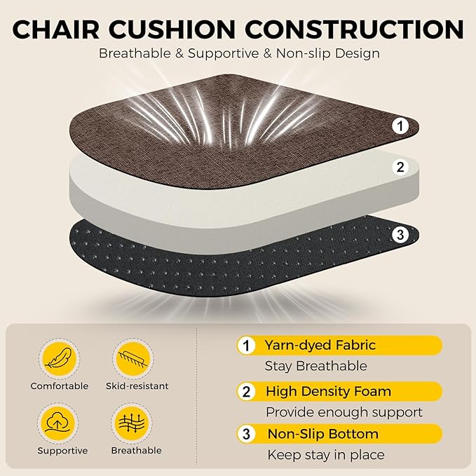 downluxe Indoor Chair Cushions for Dining Chairs, Soft and Comfortable Textured Foam Kitchen Chair Pads with Ties and Non-Slip Backing, 16" x 16" x 2", Brown, 2 Pack - Image 3