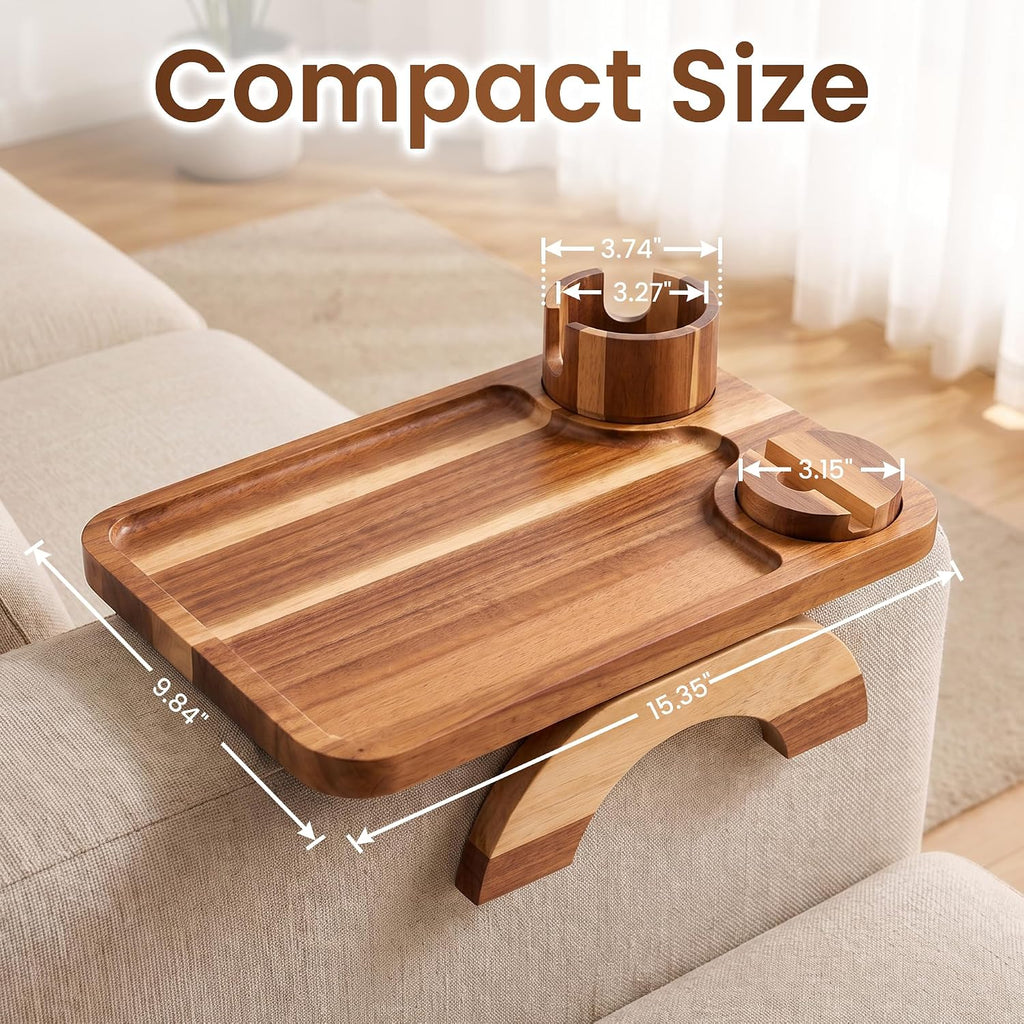 Couch Armrest Table, Acacia Sofa Arm Tray, 15.35"x9.84", Natural - Image 2