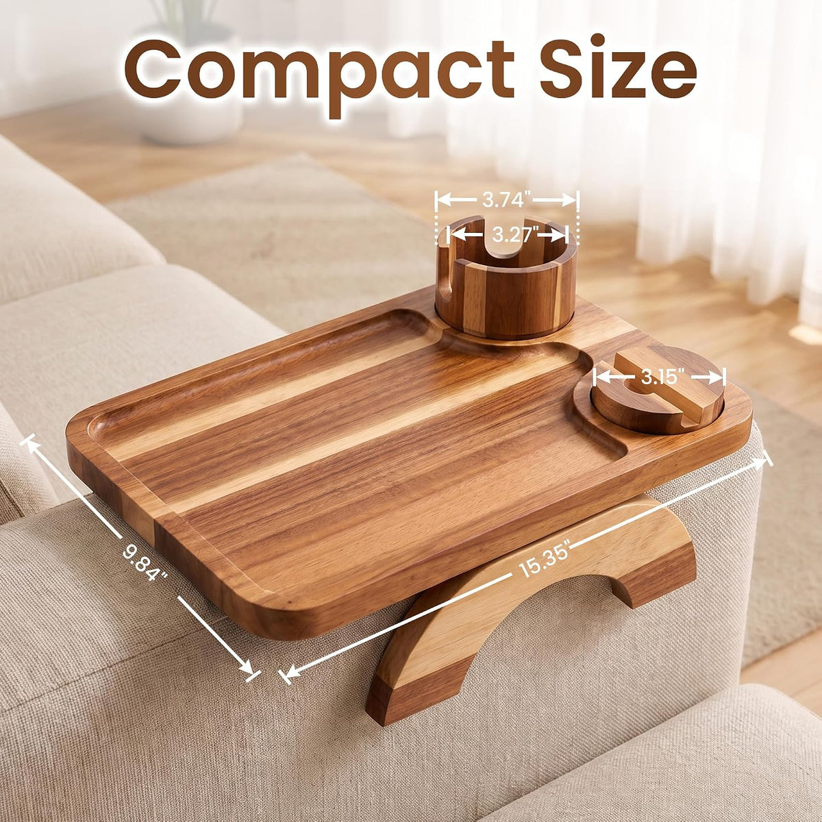 Couch Armrest Table, Acacia Sofa Arm Tray, 15.35"x9.84", Natural - Image 2