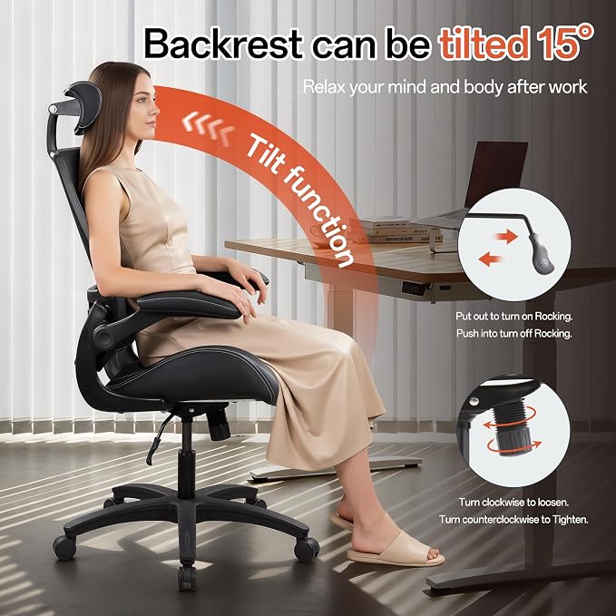 BOLISS Leather 400lbs Office Chair High-Back with Extra-Thick Cushion | Ergonomic Desk Chair High-Density Molded Foam Seat, Adjustable Headrest, 90° Flip-Up Arms, and Rocking Tilt for Home & Office - Image 6