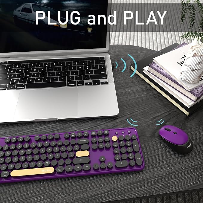 Colorful Wireless Computer Keyboards Mouse Combos (Black Purple) | UBOTIE Polychrome Round Keycaps Retro PC keyboards 2.4GHz Radio Frequency Connection With Optical Mouse Power Switch - Image 3