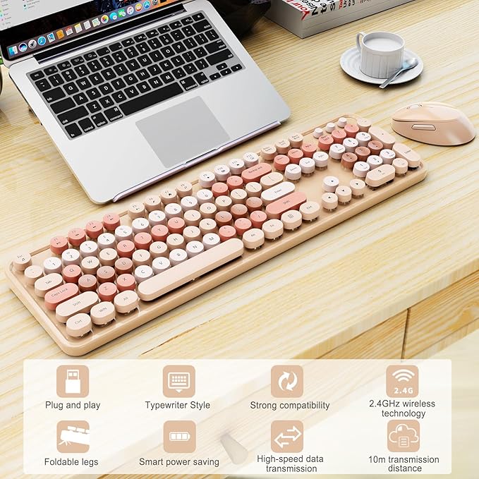 Wireless Keyboard and Mouse, Full-Size Typewriter Keyboard with Retro Round Keycaps, Ergonomic Design, Compatible with Windows PCs, Ideal for Home and Office. (Milk Tea) - Image 2