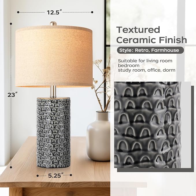 23" Modern Ceramic Table Lamp Set of 2, Table Lamps for Living Room, Rustic Farmhouse Bedside Lamps Nightstand lamp for Bedroom, Desk Lamp for End Table Home Decor Black - Image 3